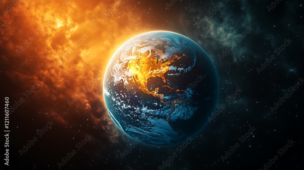 Earth Illuminated Against A Fiery Cosmic Background Earth Illuminated Against A Fiery Cosmic Background