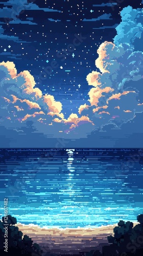 Serene pixel art night scene star ocean reflection