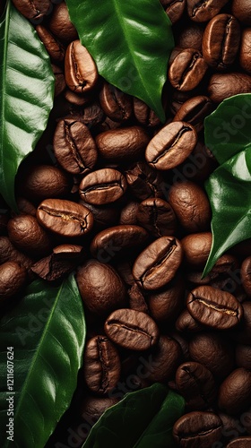 Coffee beans nestled among lush green leaves in a vibrant display of nature's bounty
