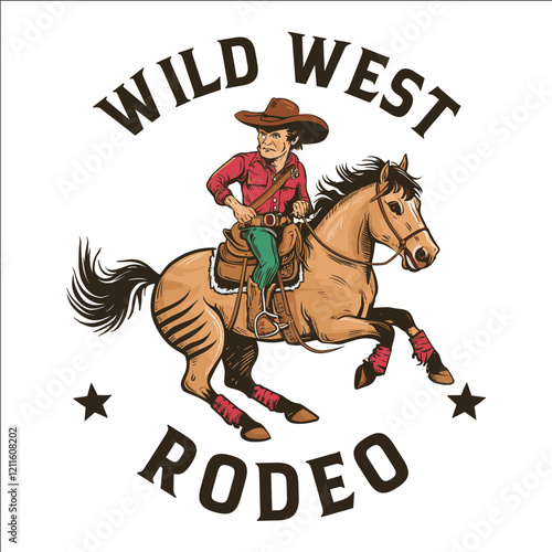 A cowboy riding a horse with the words Wild West Rodeo written below
