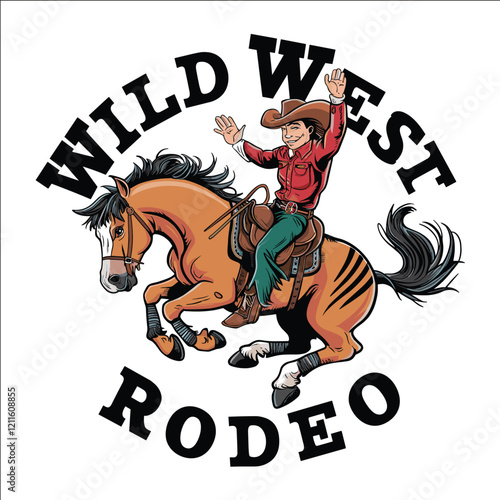 A cowboy riding a horse with the words Wild West Rodeo written below. The image has a fun and adventurous mood