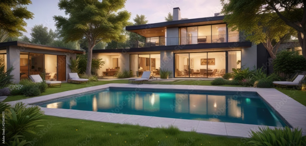 Obraz premium Cozy modern house with a small pool and a serene garden, relaxation, calming atmosphere