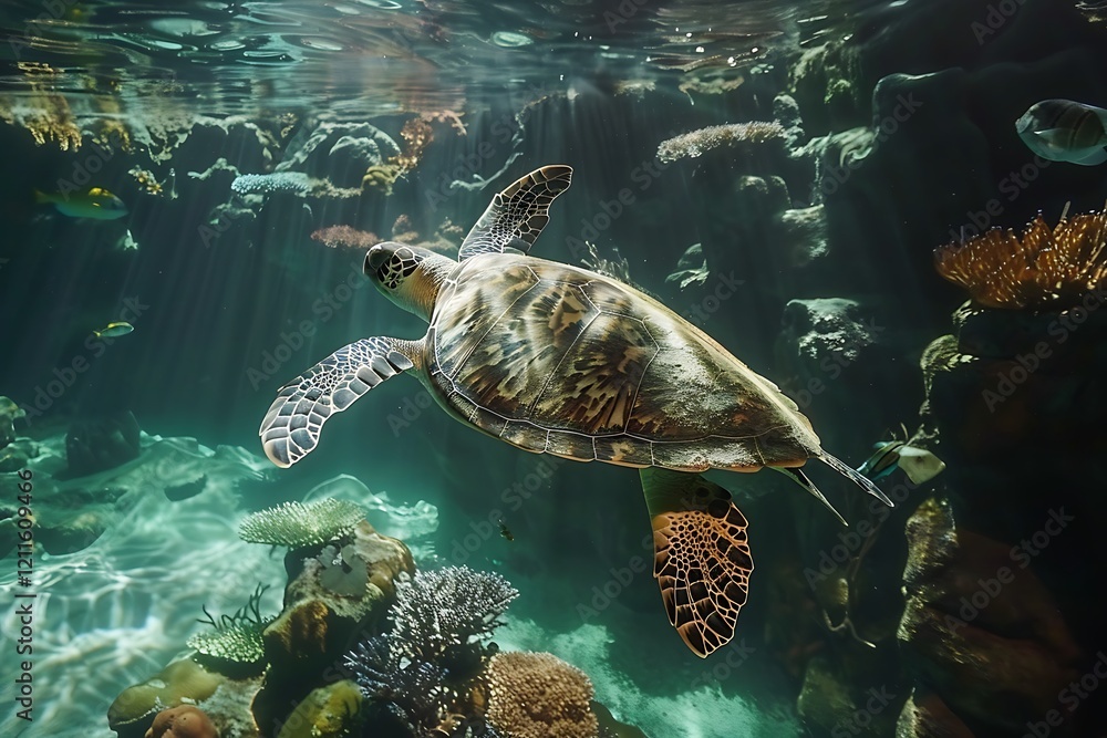 Fototapeta premium Sea Turtle Gracefully Swimming Through Coral Reef
