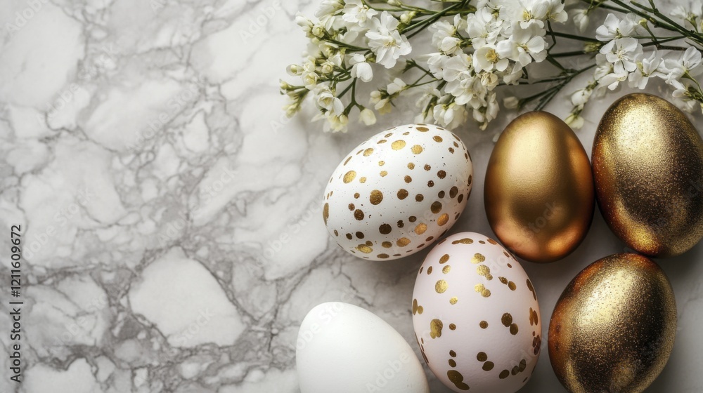 Obraz premium Elegant easter eggs with gold accents and white flowers on marble background