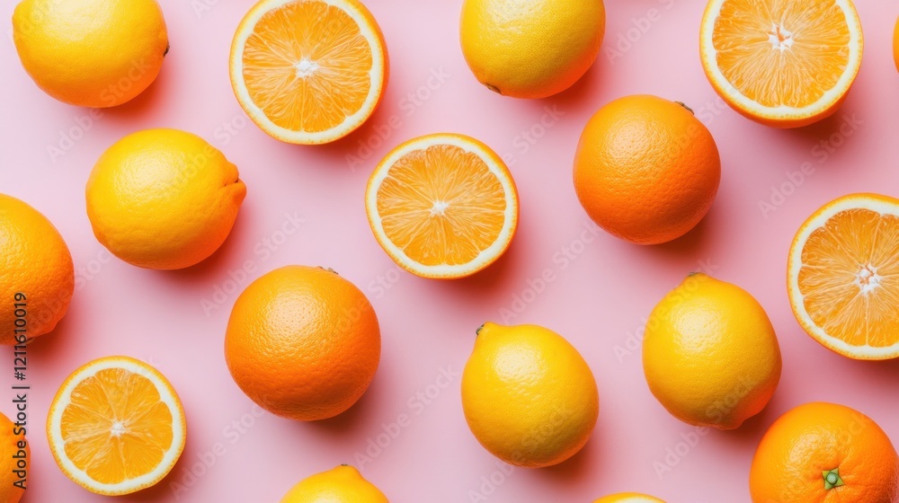 Fototapeta premium Pink background citrus fruit pattern, oranges, lemons, halves, overhead shot, food blog