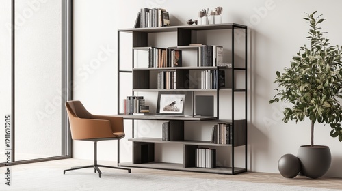 A contemporary home office with a minimalist bookshelf, open shelves offering a stylish and functional storage solution in the uncluttered space.
