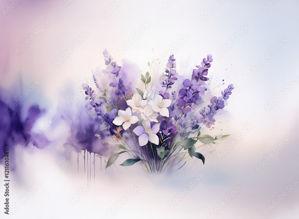 Obraz premium A watercolor painting of lavender and white flowers, softly rendered against a blurred, purple and white background. The delicate blooms are depicted with a romantic, ethereal quality.