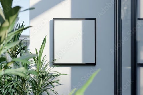 Wallpaper Mural Square black frame mockup on white wall with plants. Torontodigital.ca