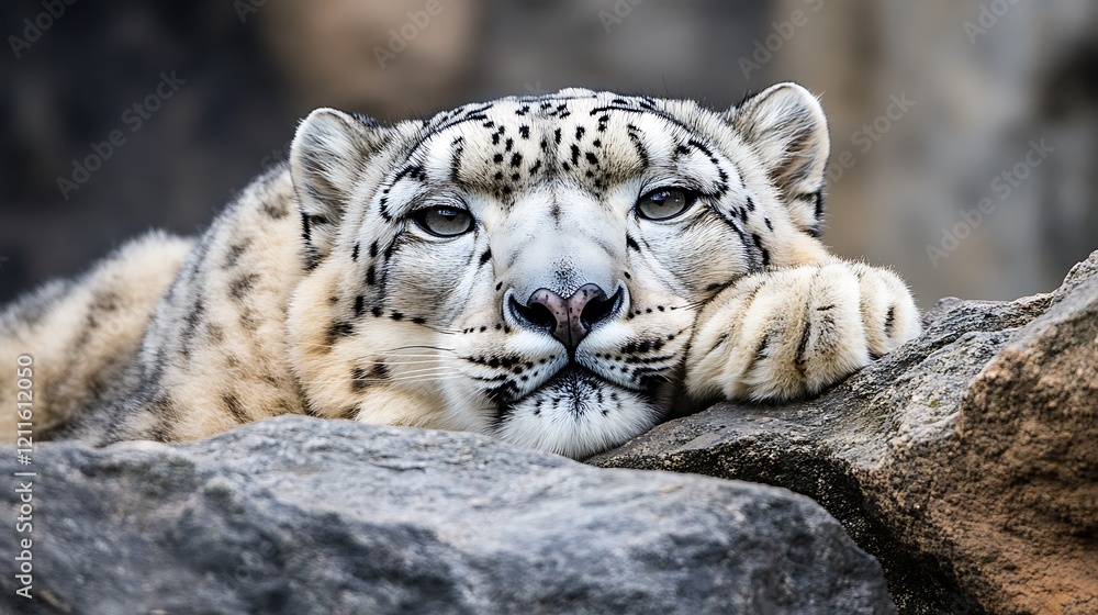 Majestic Snow Leopard Resting on Rocks Majestic Snow Leopard Resting on Rocks
