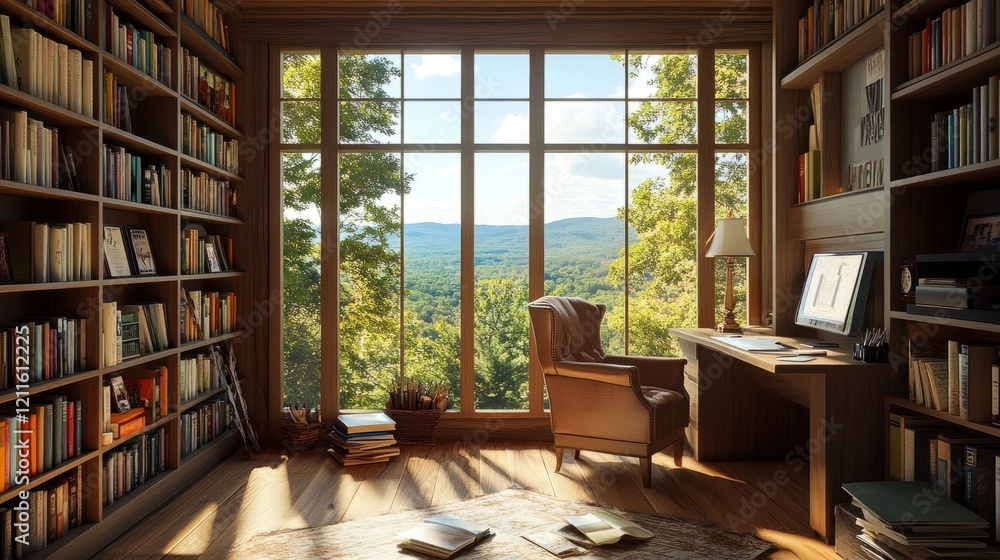 A cozy home office with custom built-in bookshelves, a comfortable chair, and large windows offering stunning views, creating a peaceful and stylish workspace A cozy home office with custom built-in bookshelves, a comfortable chair, and large windows offering stunning views, creating a peaceful and stylish workspace