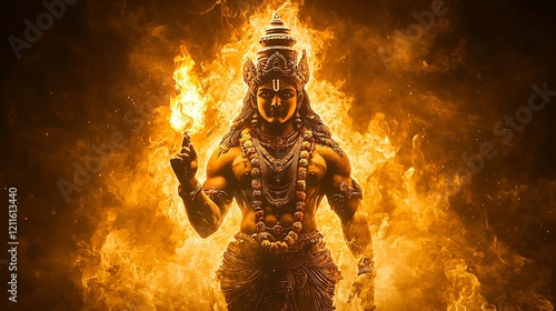 Fiery Agni Lord Vishnu Embracing Divine Flames. photo