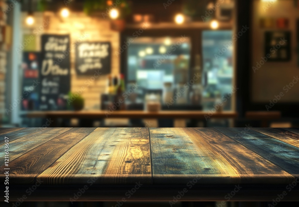 Empty rustic wooden table in blurred cafe background. Empty rustic wooden table in blurred cafe background.