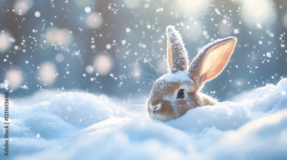 Adorable Fluffy Bunny Hiding In Winter Snow