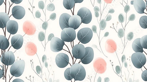 Fototapeta Naklejka Na Ścianę i Meble -  Eucalyptus leaves and blush flowers seamless pattern, design for textile, wallpaper