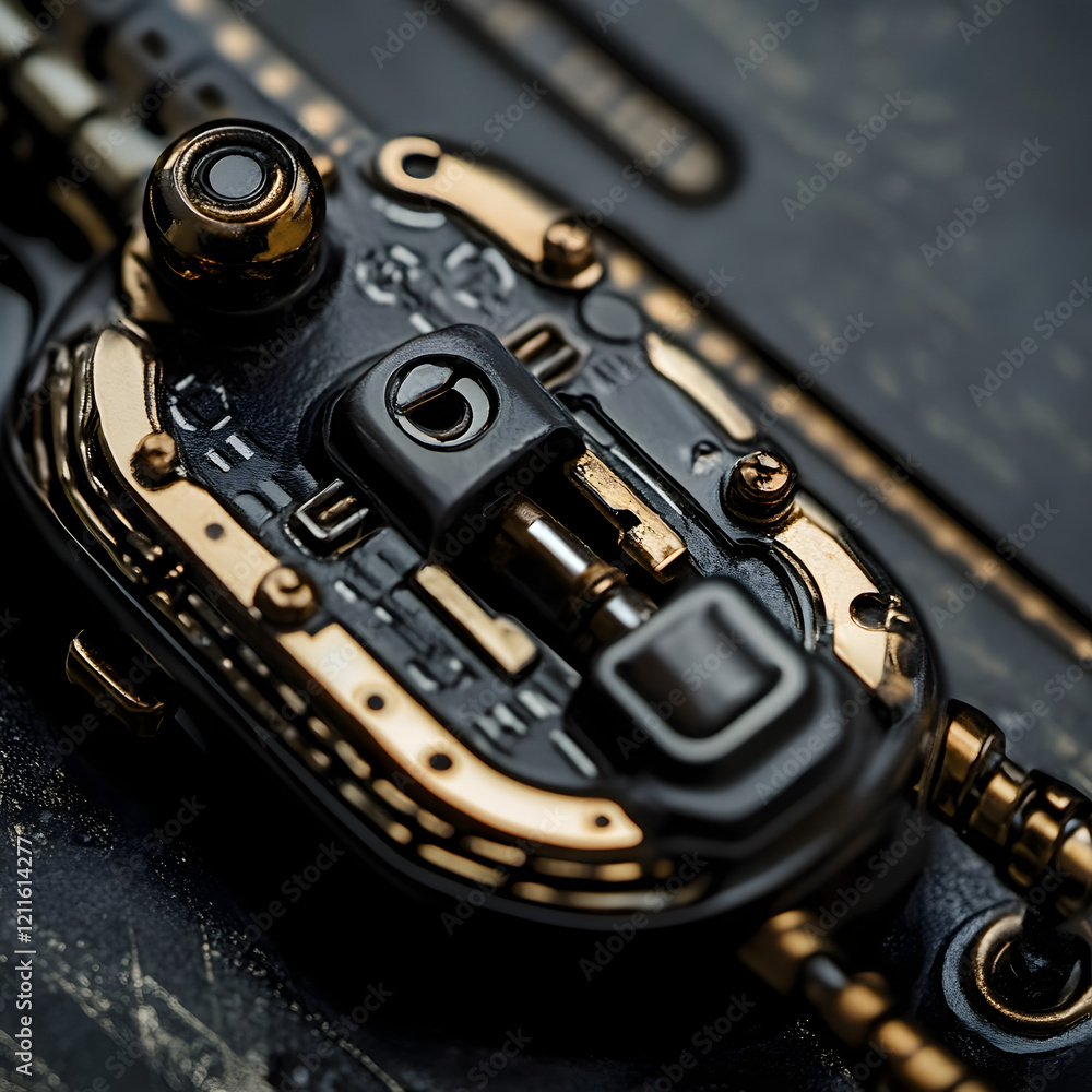 Obraz premium Steampunk Gadget Close-up: Intricate details of a handcrafted steampunk-inspired gadget, showcasing a blend of polished black and gold metallic finishes, intricate gears, and functional components.