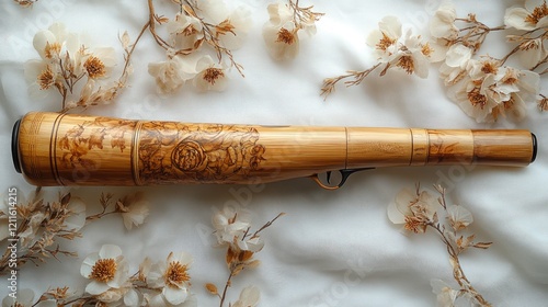 Ornate bamboo firearm, floral background. photo