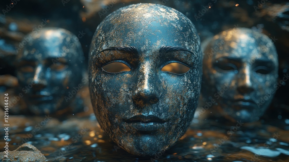 Three weathered stone masks with glowing eyes submerged in water, surrounded by rocks and ethereal light Three weathered stone masks with glowing eyes submerged in water, surrounded by rocks and ethereal light
