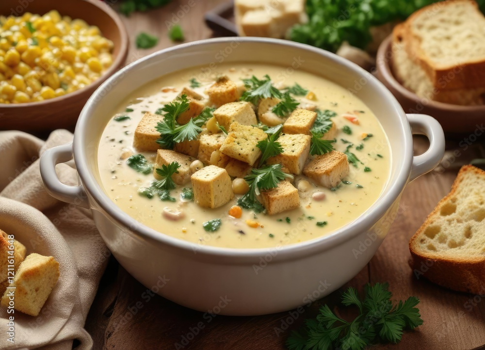 Freshly baked croutons and chopped parsley on top of a rich and creamy corn chowder in a rustic ceramic bowl, parsley, toppings Freshly baked croutons and chopped parsley on top of a rich and creamy corn chowder in a rustic ceramic bowl, parsley, toppings