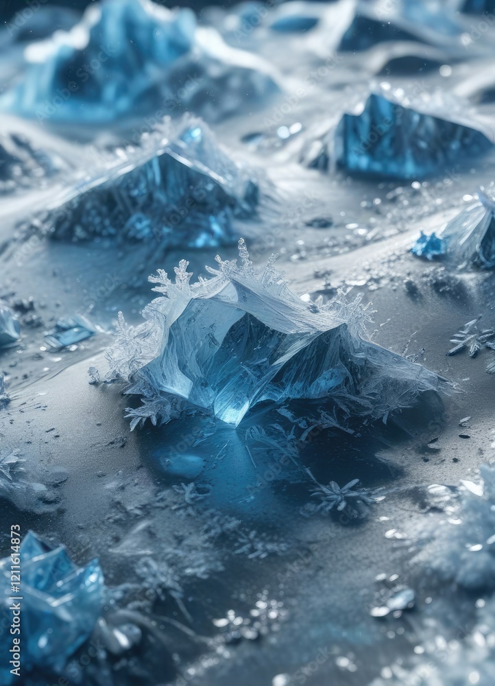 Frosty glacier surface with blue ice texture and snowflakes, alpine scenery, arctic winter, frosty peaks Frosty glacier surface with blue ice texture and snowflakes, alpine scenery, arctic winter, frosty peaks