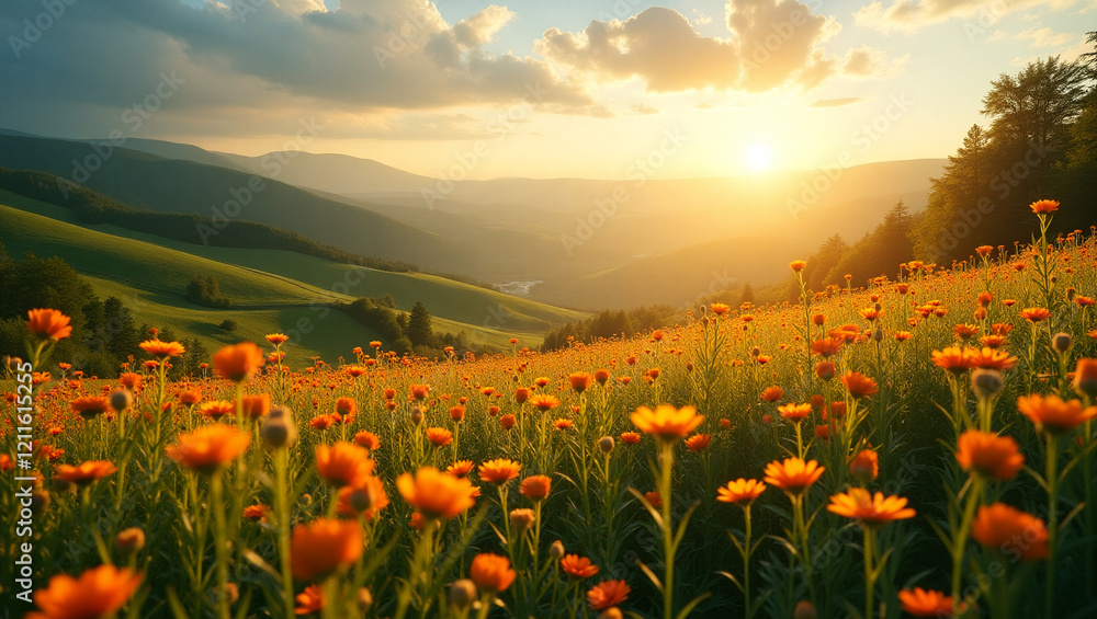 Fototapeta premium sunset in the sunflower garden mountains
