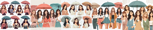 vector set of beautiful women holding umbrellas