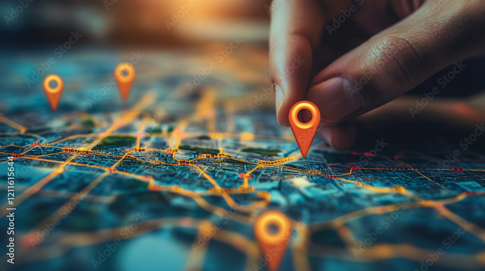 Naklejka premium Pinpointing the Path: A close-up image captures a finger placing a vibrant orange location pin on a detailed map, symbolizing the concept of exploration, navigation, and finding your way. 