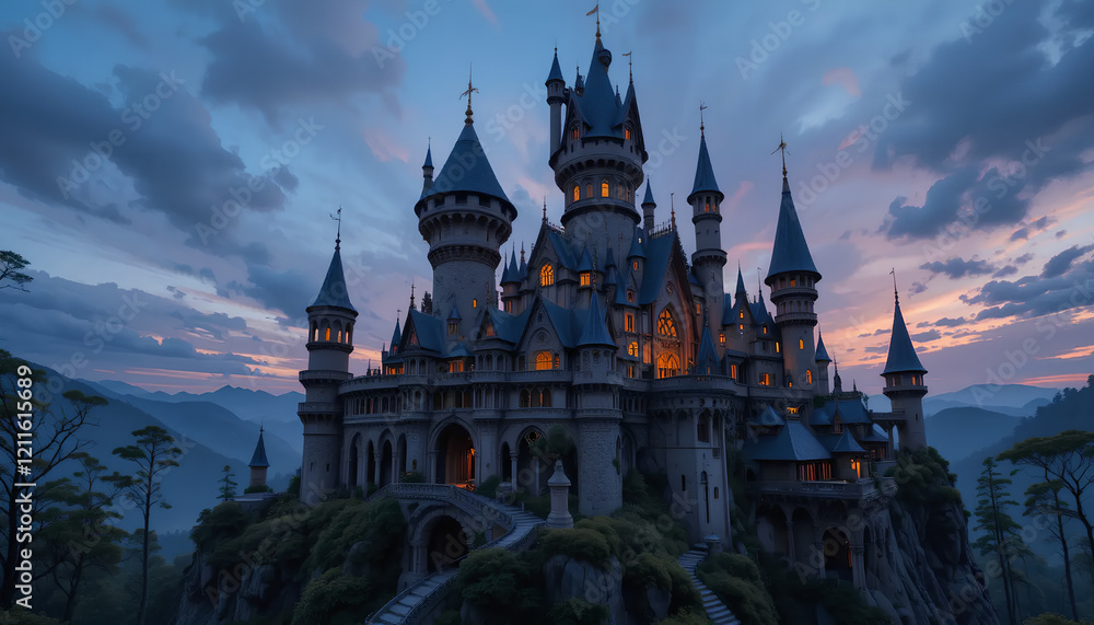 Obraz premium Majestic Castle Illuminated at Twilight: A Fairytale Fortress on a Mountain Peak