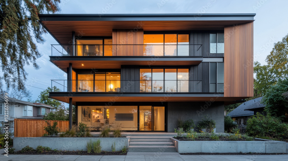 Fototapeta premium Modern Architectural Home with Large Glass Windows