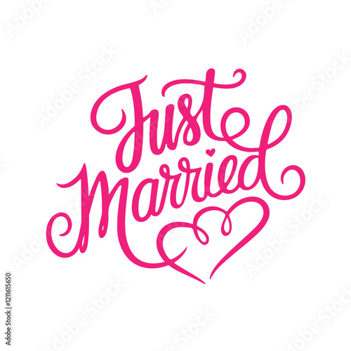 JUST MARRIED lettering, vector illustration. JUST MARRIED lettering card background. Modern handmade calligraphy about JUST MARRIED