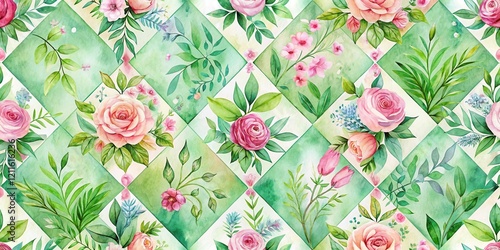 A Charming Watercolor Floral Pattern with Roses and Greenery on a Diamond Grid Background