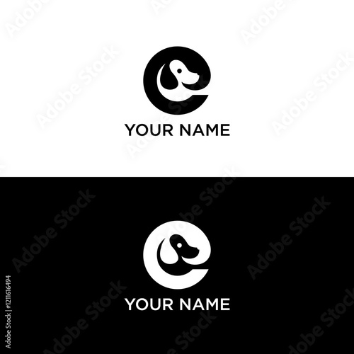 Dog pet care logo design template. Illustration of icons and initials E vector of pets