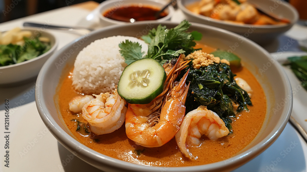 Delicious shrimp curry with rice and vegetables. Delicious shrimp curry with rice and vegetables.