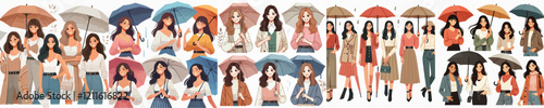 vector set of beautiful women holding umbrellas