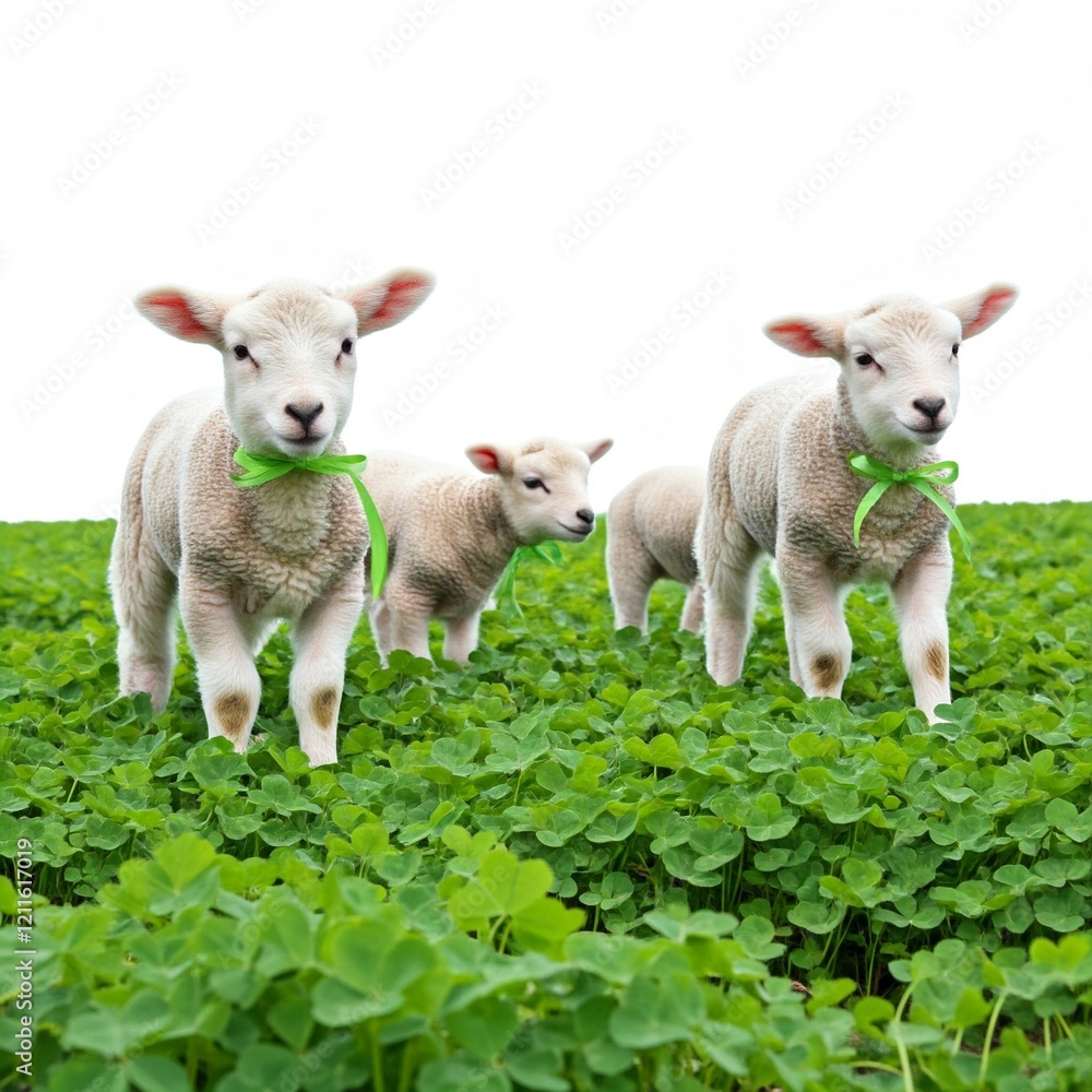 Obraz premium cute lambs in green clover field wearing green ribbons