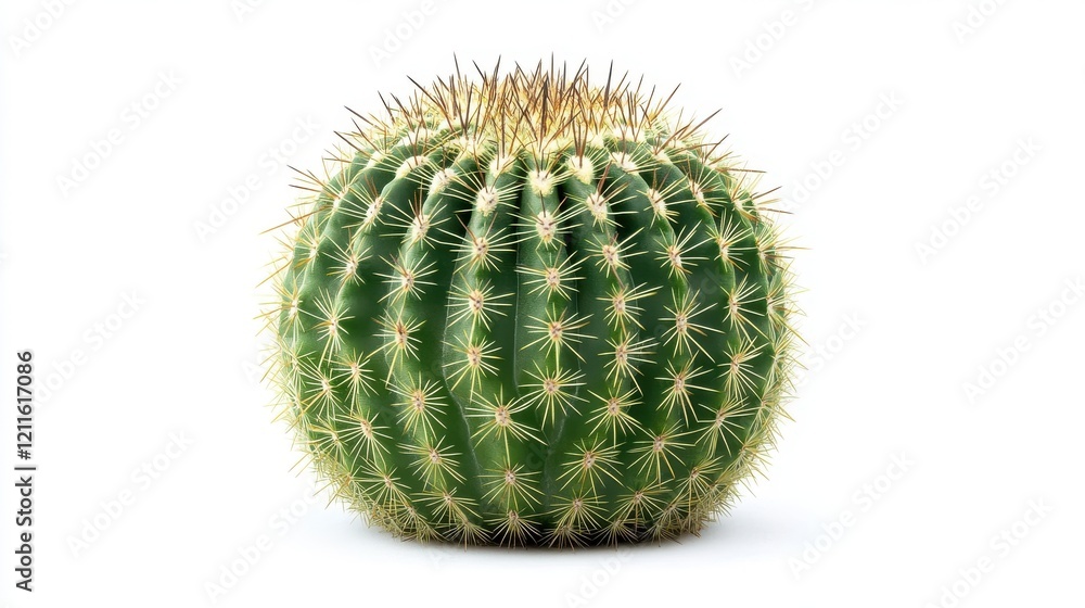 Round Green Cactus with Sharp Thorns and Smooth Skin on White Background Round Green Cactus with Sharp Thorns and Smooth Skin on White Background