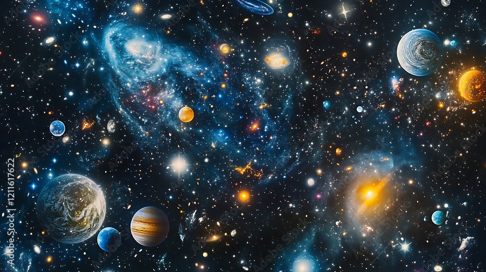 Fototapeta premium Cosmic Wonders: A Celestial Tapestry of Galaxies, Nebulae, and Planets