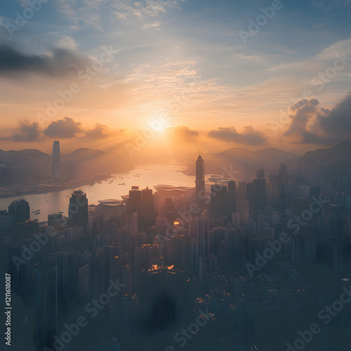 Golden Hour Metropolis: A breathtaking aerial view captures the vibrant cityscape at sunrise, the golden rays illuminating the skyscrapers and harbor, creating a dramatic and inspiring scene. photo