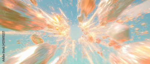 Dynamic abstract explosions with energy and fragmented pieces in a vibrant background photo