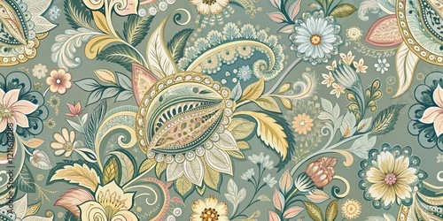 A Luxurious Floral Design Featuring Intricate Paisley Motifs and Delicate Botanical Elements on a Muted Green Background