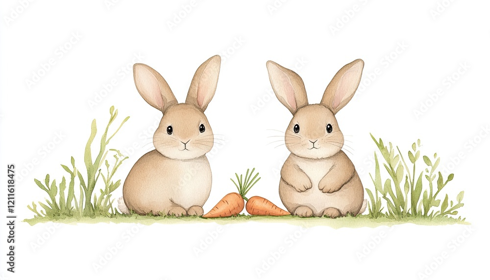 Obraz premium Two adorable rabbits sitting in a grassy field with carrots, showcasing a peaceful nature scene