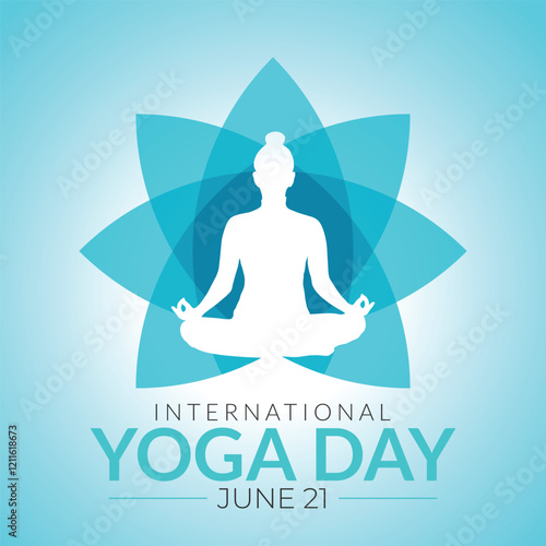 International Yoga Day - 21st June with Meditating Silhouette and Yoga Pose on Blue Gradient Background for Banner, Poster, and Templates etc