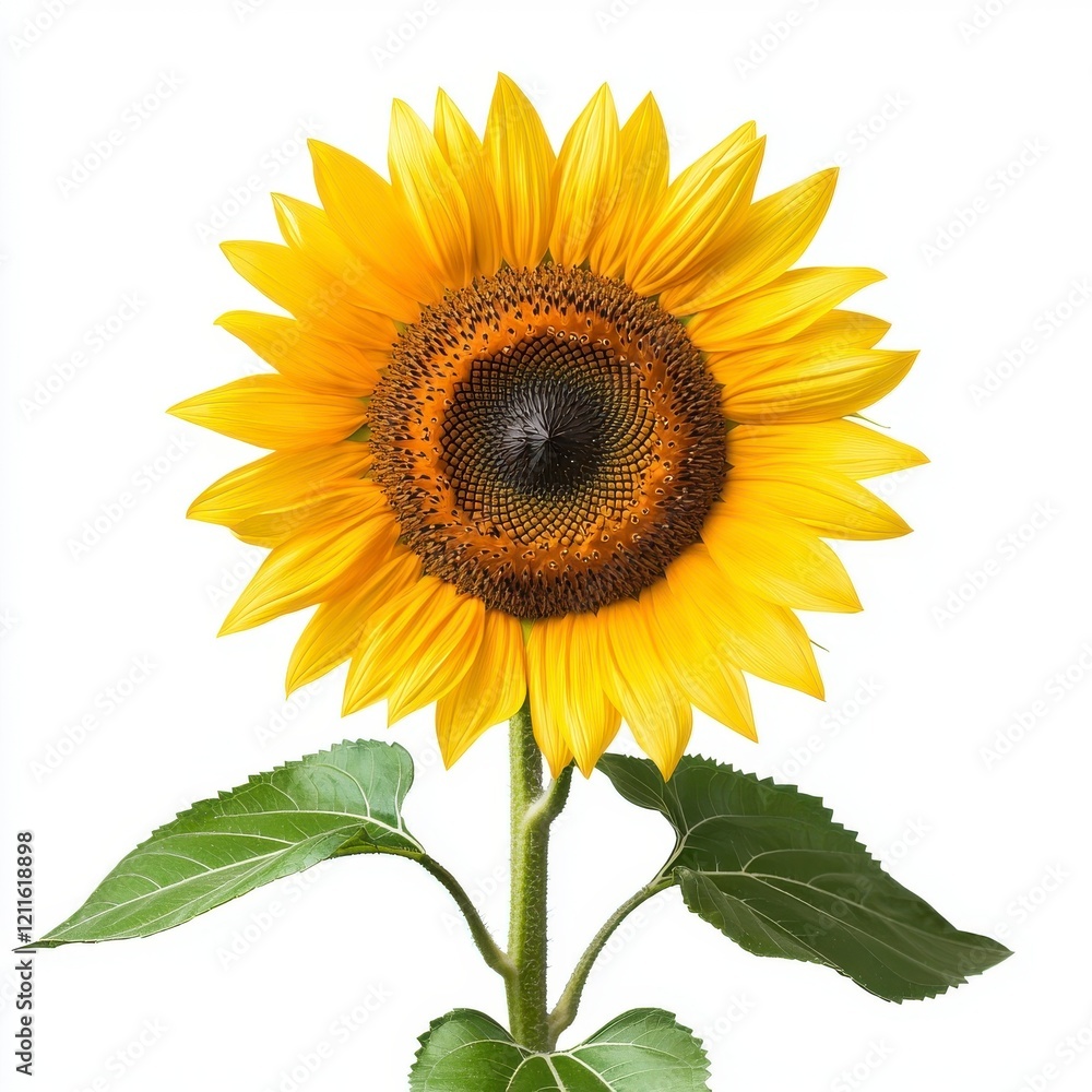 Fototapeta premium A vibrant sunflower with bright yellow petals and a dark center, standing tall against a white background.