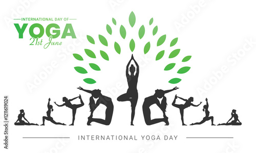 International Yoga Day Background with Yoga Poses and Green Leaf Motif, Perfect for Banner, Poster, and Templates for June 21st Celebrations