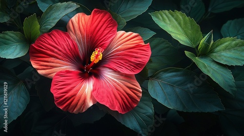 Wallpaper Mural Crimson hibiscus blossom amidst dark green foliage. Torontodigital.ca