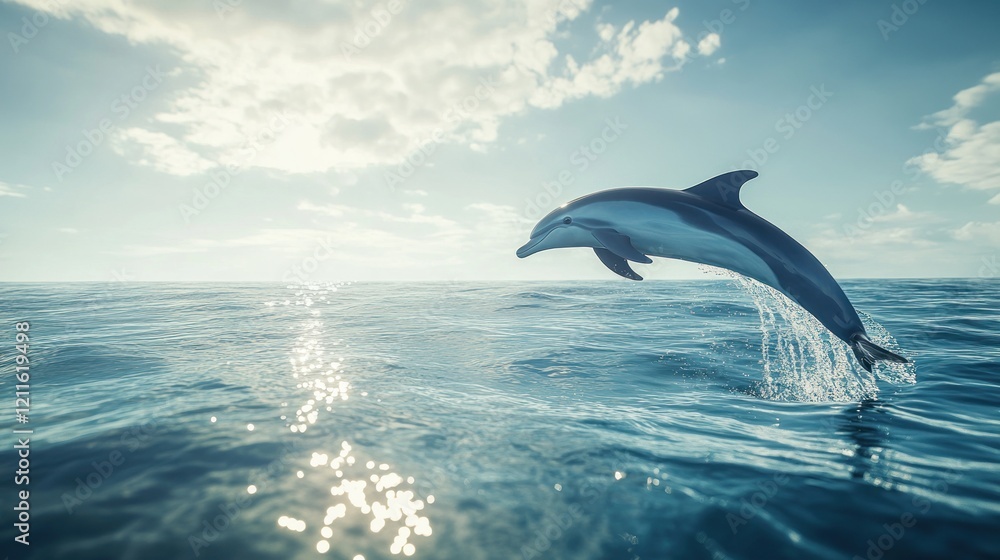 Fototapeta premium Dolphin leaping ocean sunny day; marine wildlife, nature background; travel, wildlife documentary