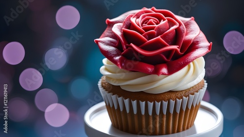 Vanilla cupcake with red frosting shaped like a rose  for Valentine's Day on bokeh dark background. photo