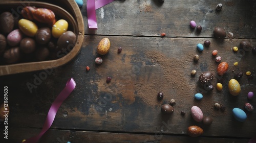 Assorted colorful easter eggs and chocolates on rustic wooden table