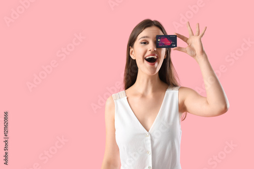 Happy young woman with cred...