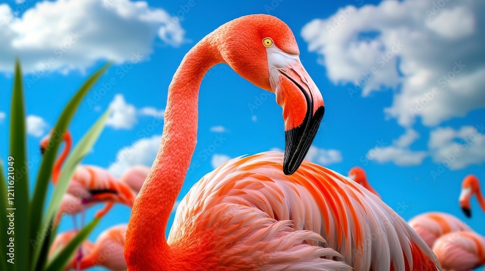 Obraz premium A vibrant flamingo stands gracefully against a bright blue sky, showcasing its striking pink feathers and elegant neck.