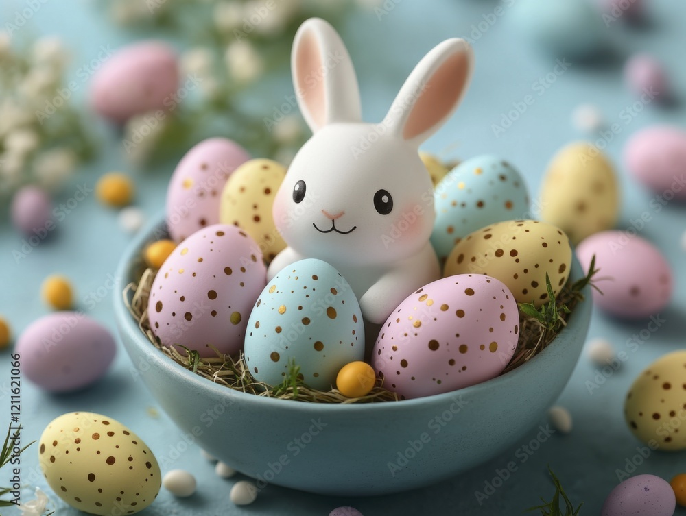 Fototapeta premium Adorable white bunny in nest surrounded by colorful speckled easter eggs